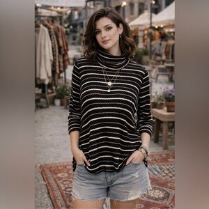 Free People Kristina Thermal Striped Turtleneck Top Black White Stripe Sz S